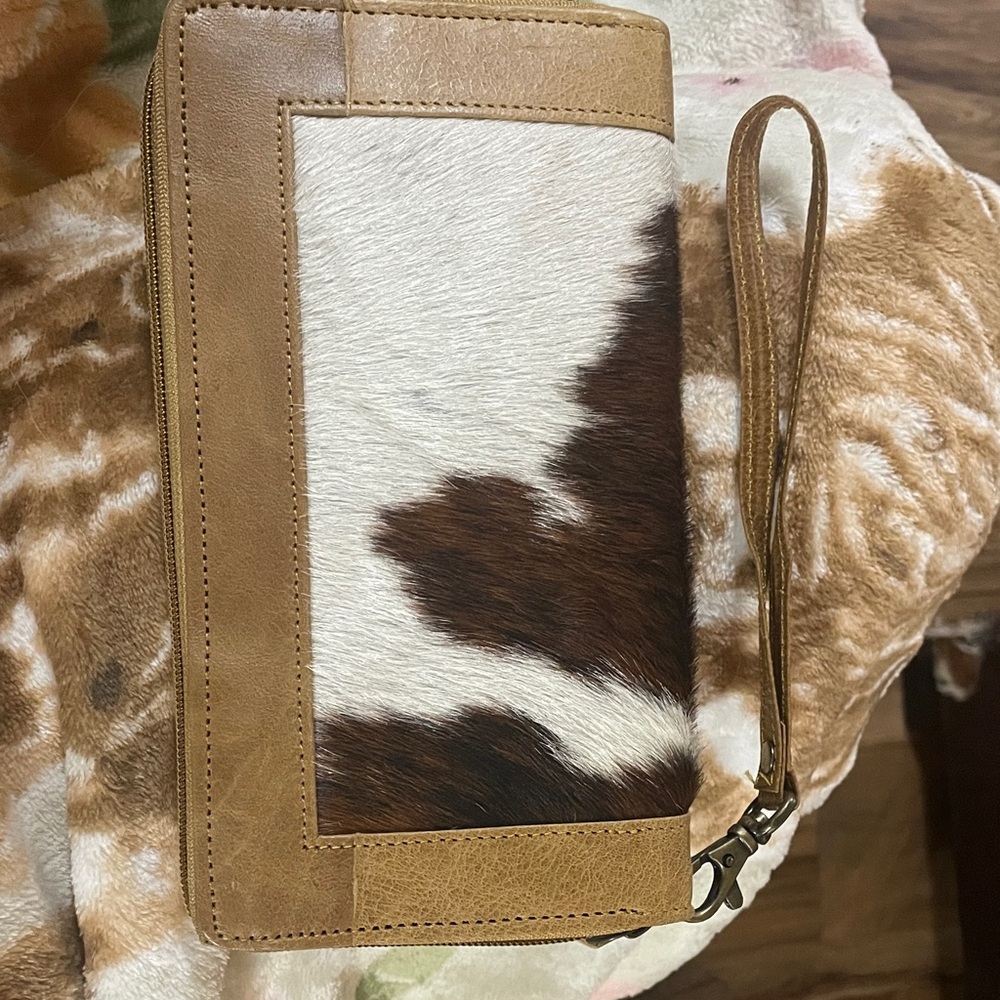 Cowhide Leather Wristlet Clutch in Brown & White